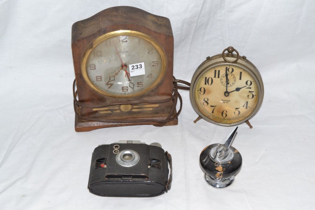 Gilbert electric table clock, Westclox Big Ben alarm: Gilbert electric table clock, Westclox Big Ben alarm clock, Ansco camera, table lighter