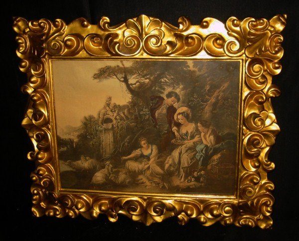 After Jean-Antoine Watteau hand colored print in a