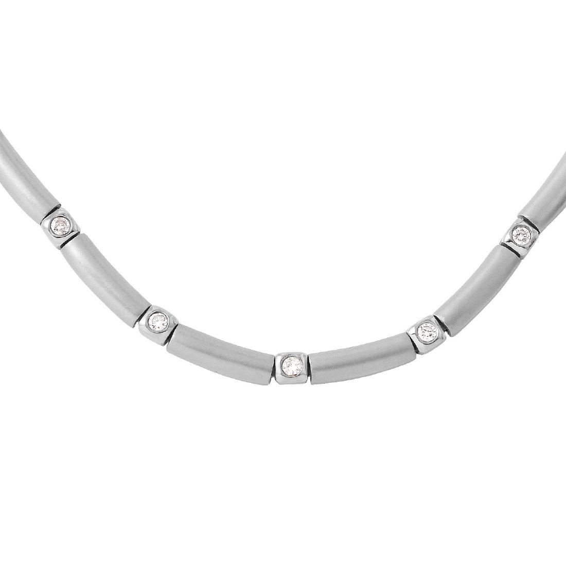 18KT White Gold Diamond Necklace: 18KT white gold bar necklace with bezel set round brilliant cut diamonds that alternate with rectangular bar links. The hidden box clasp and figure eight safety closes the necklace securely. Specifica