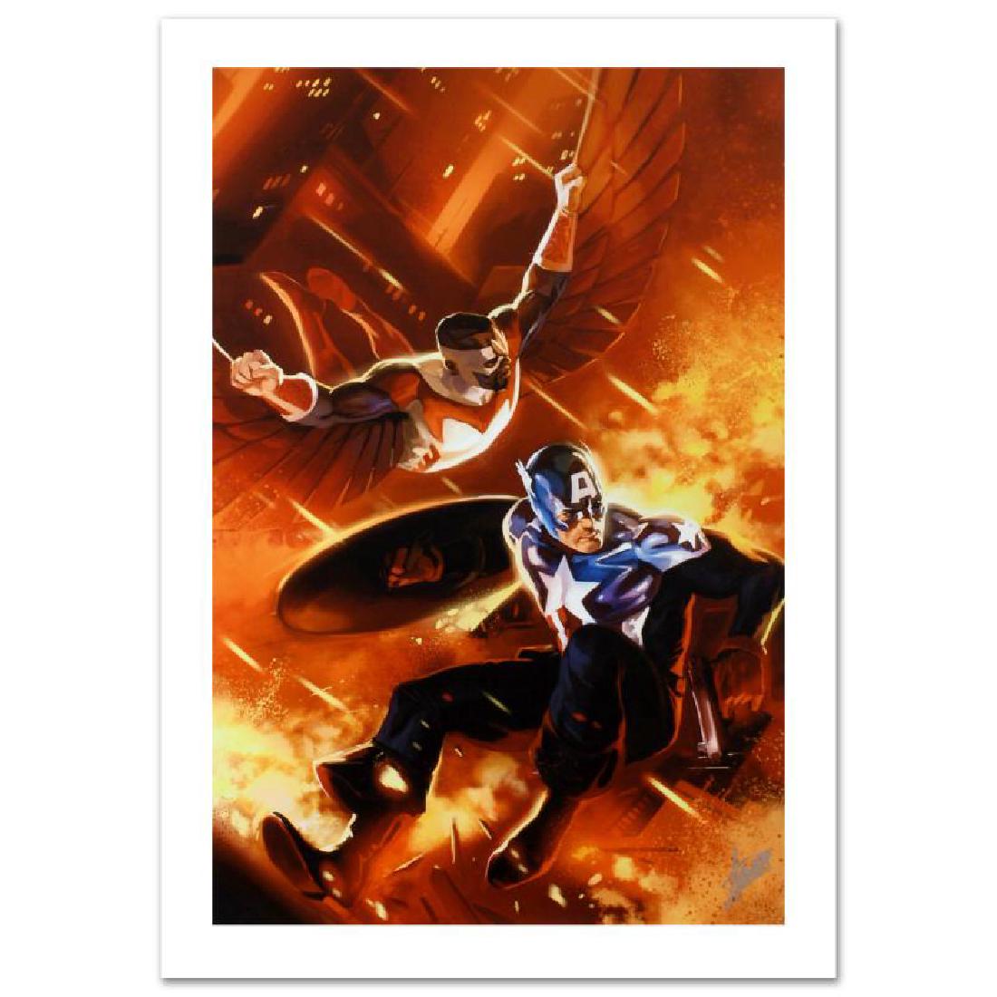 "Captain America #607" Limited Edition Giclee on Canvas: A piece of comic book history, this limited edition, from original art by Marko Djurdjevic, depicts a heroic Captain America accompanied by Falcon. Marko Djurdjevic was discovered by Marvel after post