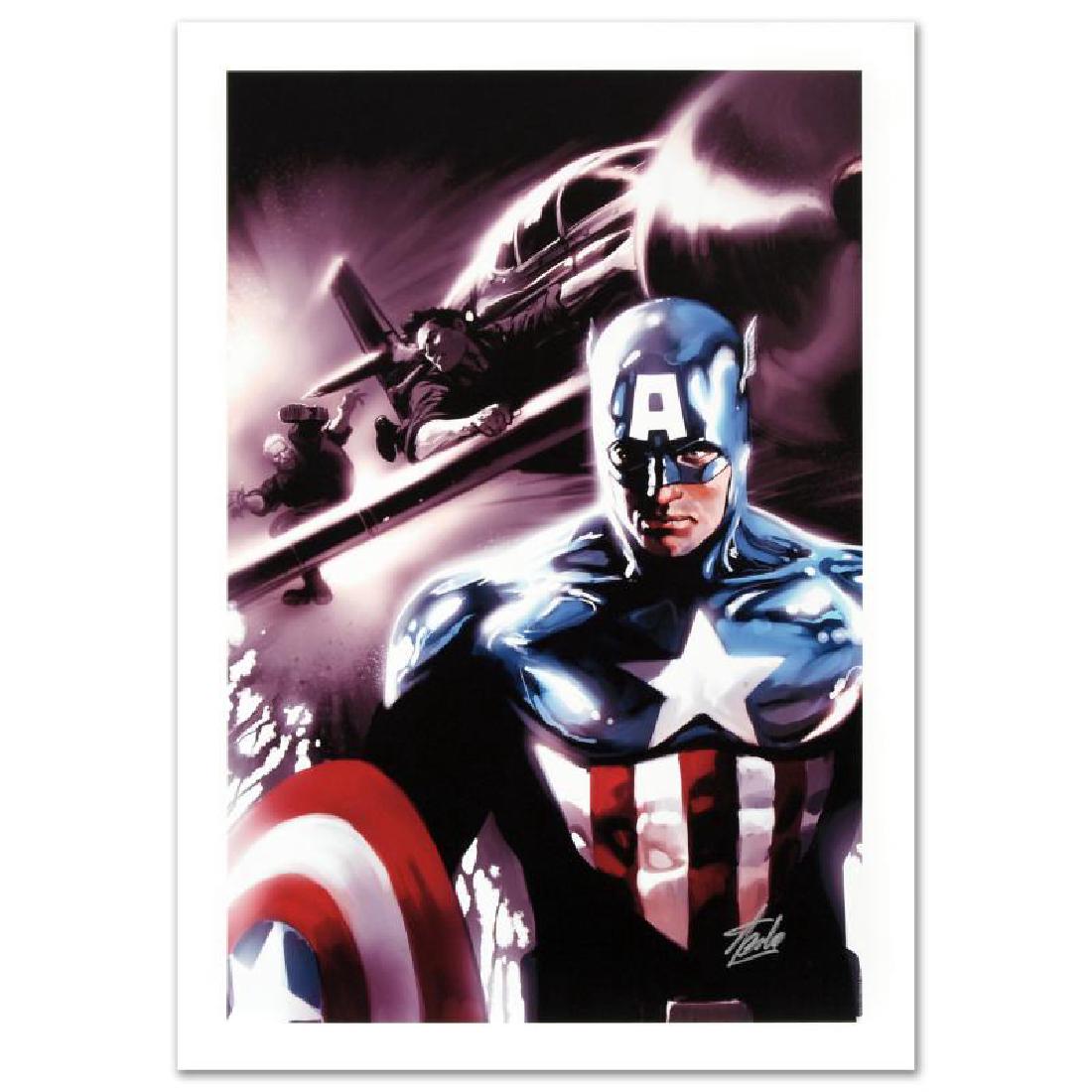 "Captain America #609" Limited Edition Giclee on Canvas: A piece of comic book history, this limited edition, from original art by Marko Djurdjevic, depicts a heroic Captain America. Marko Djurdjevic was discovered by Marvel after posting a series of re-des