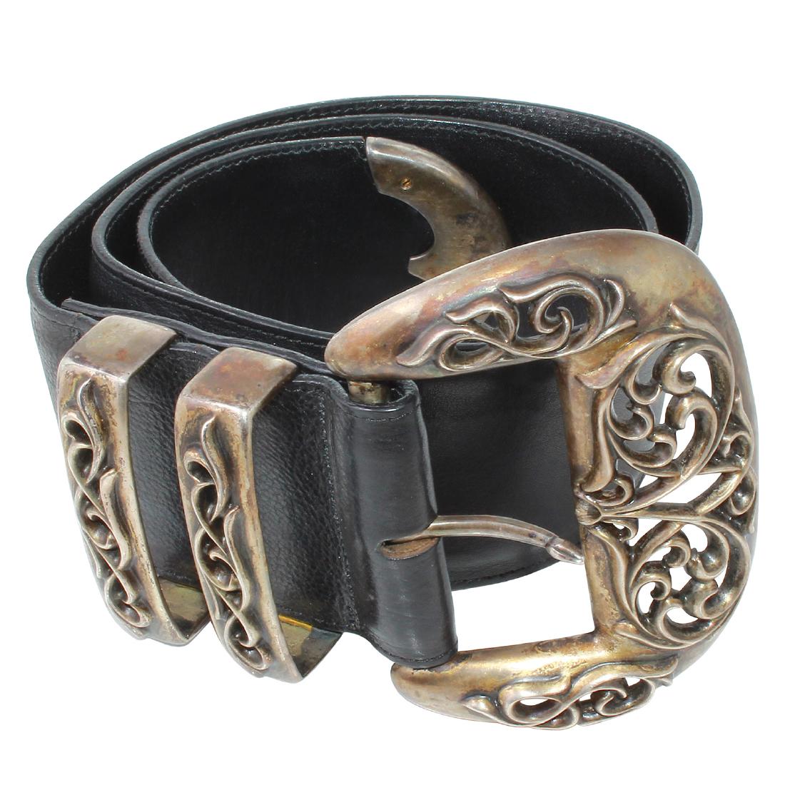 100% Authentic Chrome Hearts Sterling Silver Belt Size: 100% Authentic Chrome Hearts Sterling Silver Belt Size 30.The belt is in very good condition with very minor signs of wear, the silver has a nice patina to it. Belt is 4-1/2Ã¢â‚¬Â wide x 3 feet