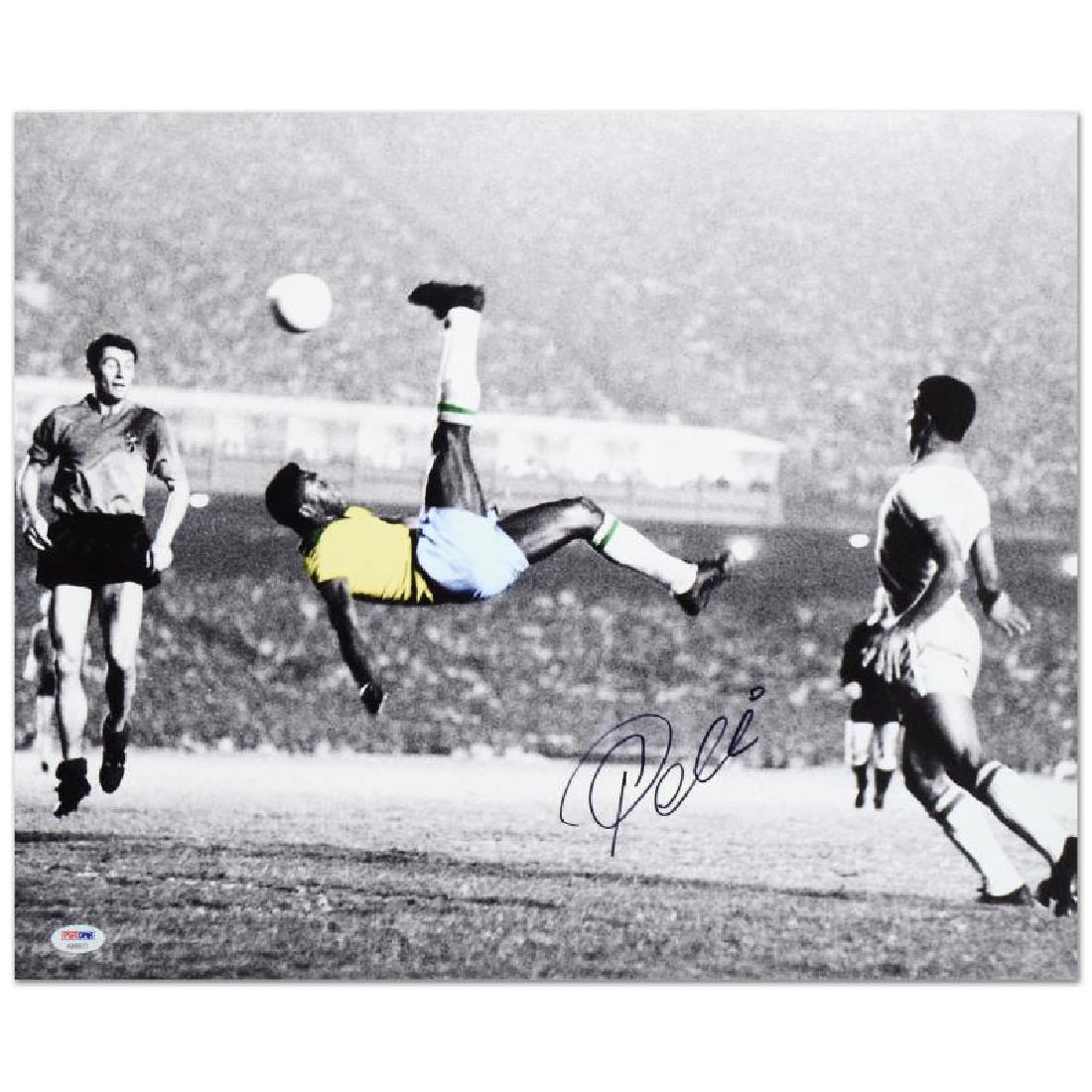 "Scissor Kick" Print, Autographed by Legendary: "Scissor Kick" is a print on paper that is autographed by legendary Brazilian footballer, Pele! This piece is presented with a Certificate of Authenticity from PSA/DNA, which authenticates sports memo