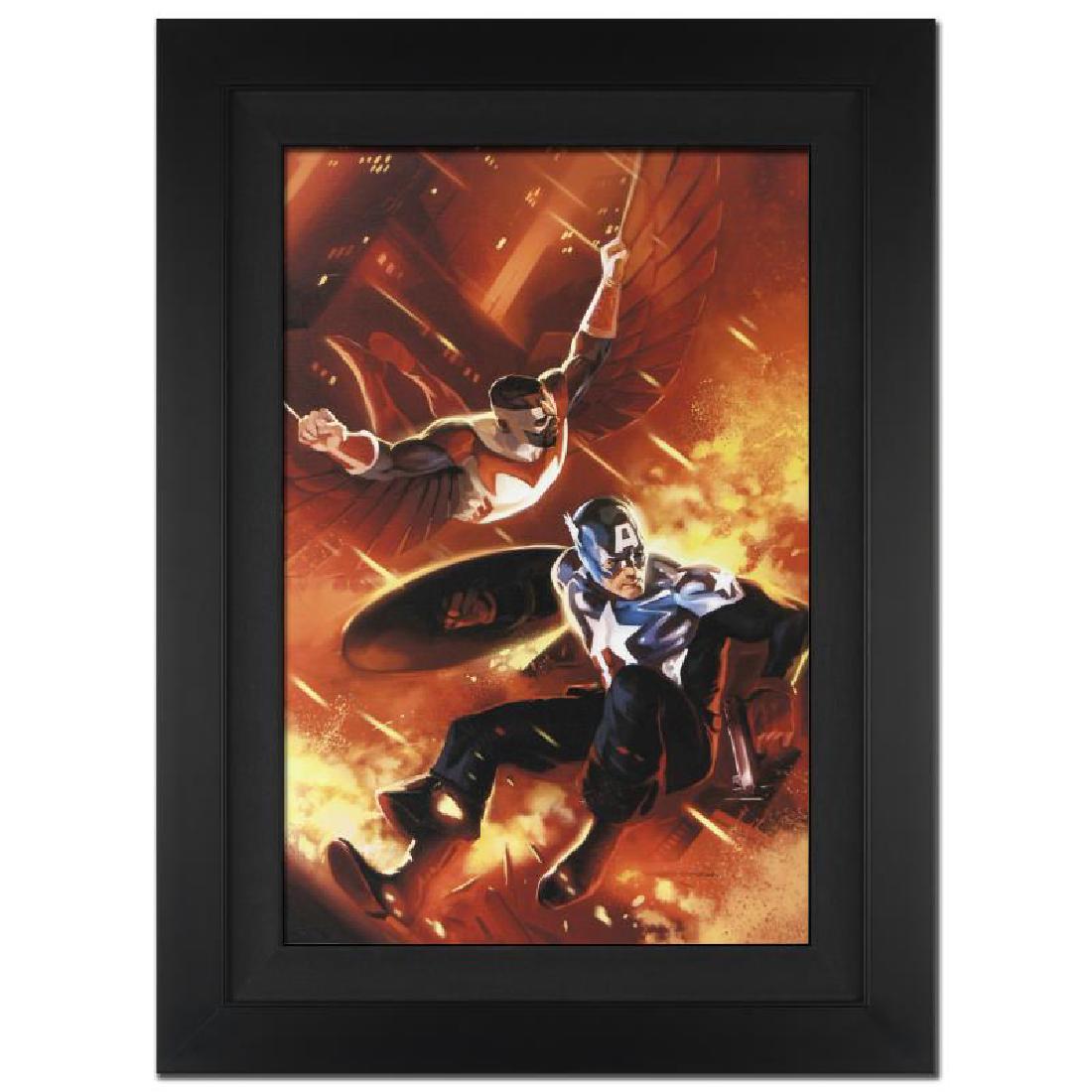 "Captain America #607" Limited Edition Giclee on Canvas: A piece of comic book history, this limited edition, from original art by Marko Djurdjevic, depicts a heroic Captain America accompanied by Falcon. Marko Djurdjevic was discovered by Marvel after post