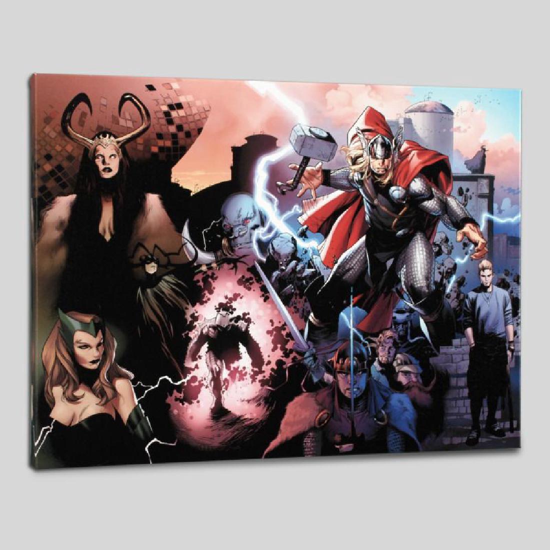 "Thor #600" Limited Edition Giclee on Canvas by Oliver: A piece of comic book history, this limited edition, from original art by Oliver Coipel, depicts Thor, Loki, Balder and Enchantress. Olivier Coipel is a French comic book artist, known for his work on