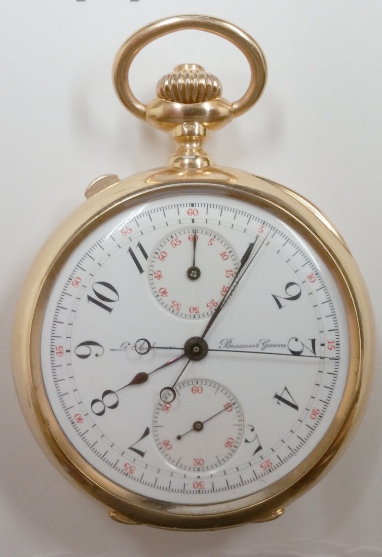 Louis Audemars Rattrapante Chronograph 18KT Gold Pocket: Louis Audemars Rattrapante Chronograph 18K Gold Pocket Watch. Case: Open face, 18K yellow gold, 48mm in diameter, monogram on the back cover, inside engraved "N 14083 Le Audemars Brassus & Geneva". Ci