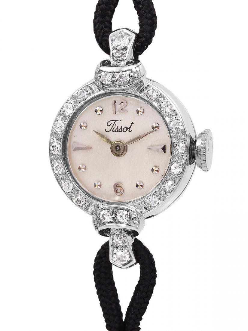 Antique Tissot 14KT White Gold Diamond Silk Cord Watch (1 of 3)