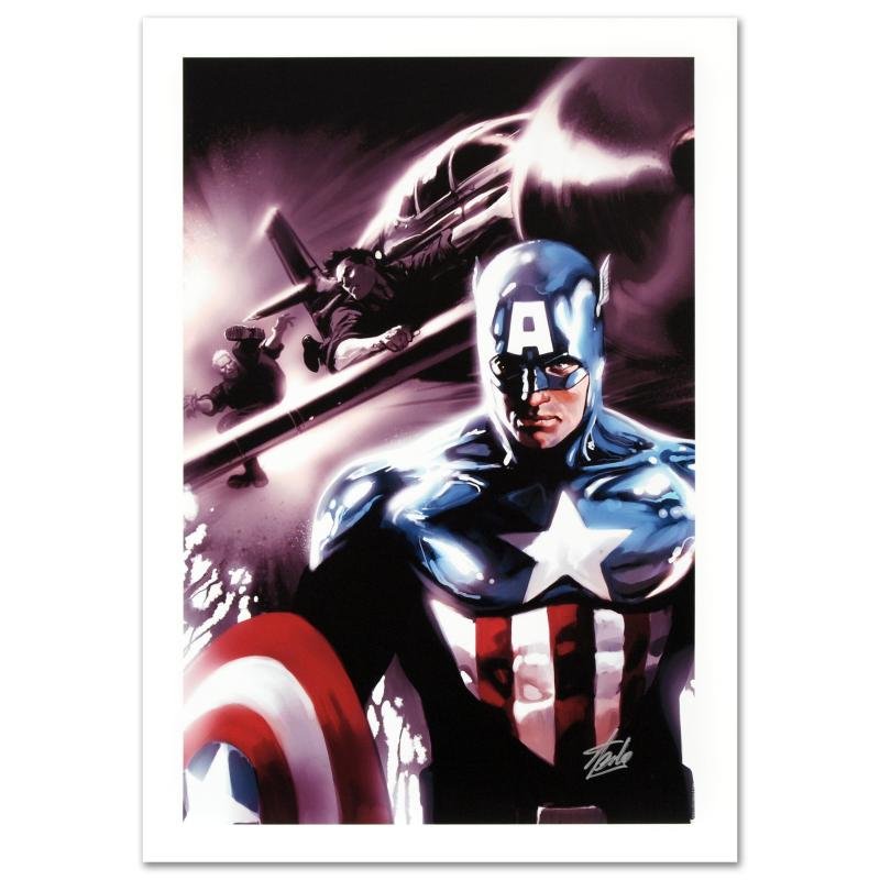 "Captain America #609" Limited Edition Giclee on Canvas: A piece of comic book history, this limited edition, from original art by Marko Djurdjevic, depicts a heroic Captain America. Marko Djurdjevic was discovered by Marvel after posting a series of re-des
