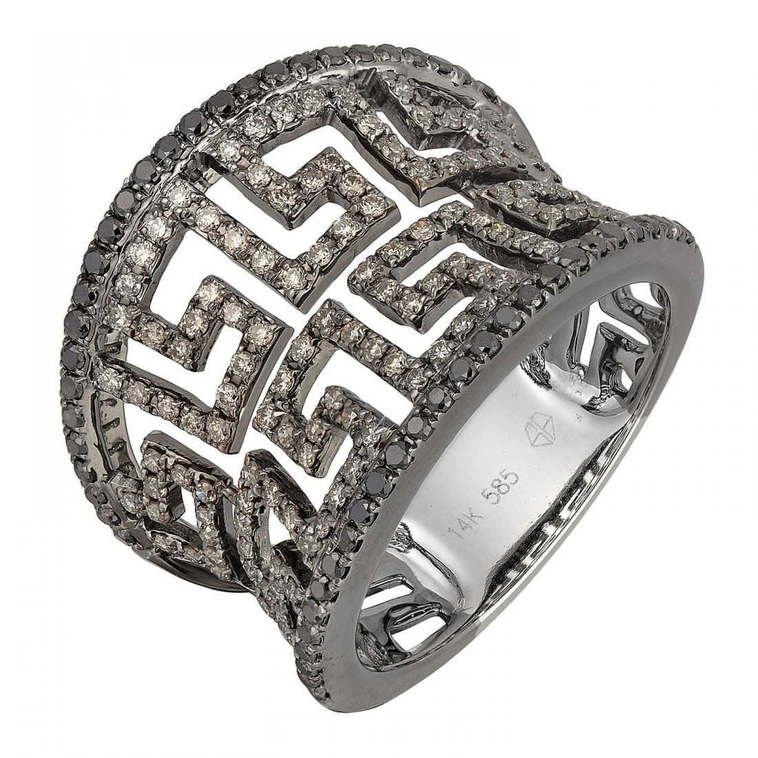 14KT Gold Women's Diamond Ring: This zig-zag design ring is studded with round brilliant cut fancy color diamonds throughout, and are framed with round cut black diamonds bead set on each side in black antiqued detailing, all in a b