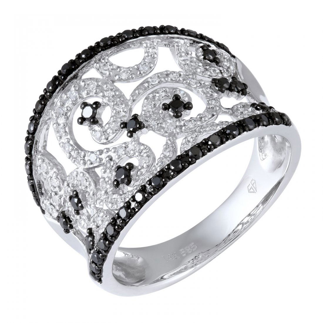 14KT White Gold Women's Diamond Ring: This graduated size flat-edged band features ribbons of round brilliant cut bead set diamonds in the center, framed by round cut black diamonds running down the sides, set in a black antiqued finish.