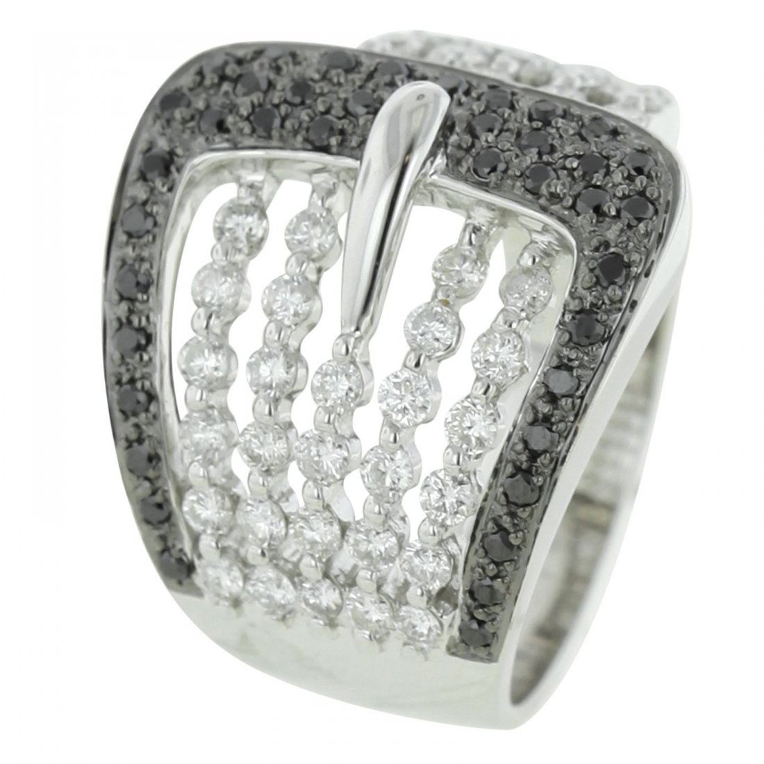 This buckle ring features rows of round white diamonds: This buckle ring features rows of round white diamonds bead set in the center, framed by shiny round cut black diamonds bead set in a black antiqued finish. Crafted in brightly polished 14KT white gol
