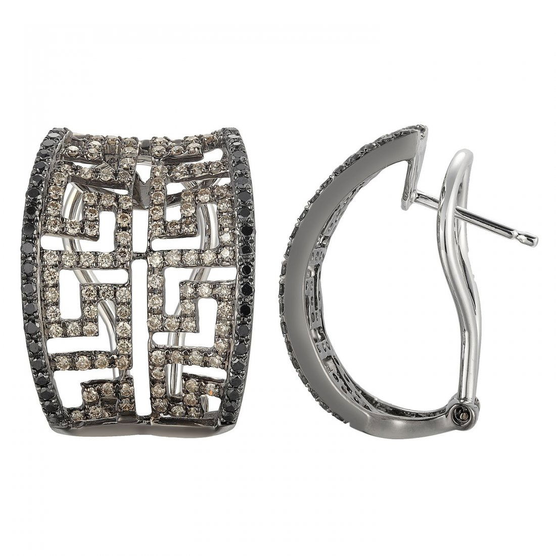 14KT Gold Diamond Earrings: These zig-zag curve earrings are studded with round brilliant cut fancy color diamonds throughout, and are framed with round cut black diamonds bead set on each side in black antiqued detailing. The o