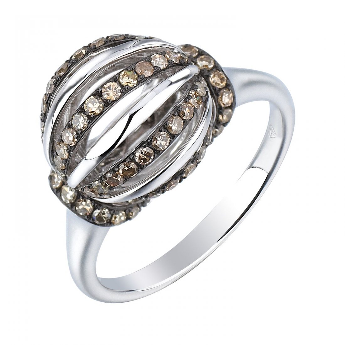 14KT Gold Women's Diamond Ring: An open ball design with round brilliant cut fancy color diamonds adorn the top of this brightly polished 14KT white gold ring, bead set in a black antiqued setting. SpecificationsJewelry Information<