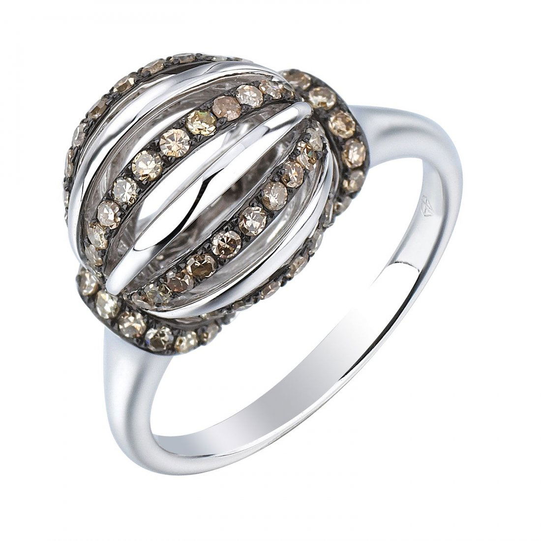 14KT Gold Women's Diamond Ring: An open ball design with round brilliant cut fancy color diamonds adorn the top of this brightly polished 14KT white gold ring, bead set in a black antiqued setting. SpecificationsJewelry Information<