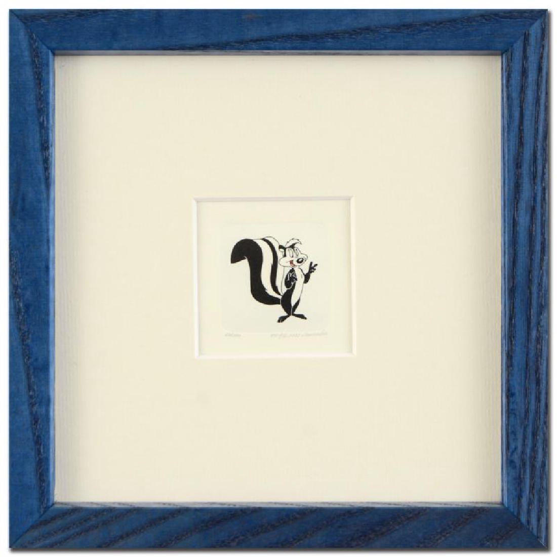 "Pepe Le Pew" Framed Limited Edition Hand-Tinted: "Pepe Le Pew" is a limited edition etching on paper with hand-tinted coloring from Warner Bros. (dated 1999) and numbered! This piece is framed. Measures approx. 8.5" x 8.5" (with frame), 1.5" x 1.5" 