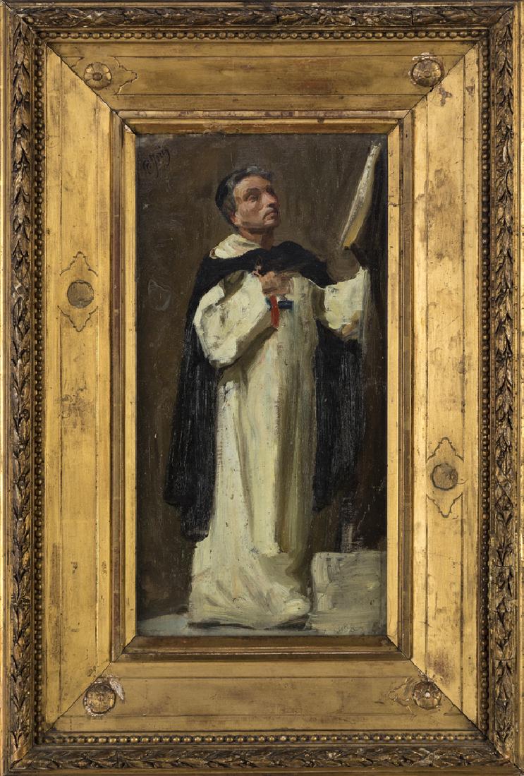PIO JORIS ROMA 1843-ROMA 1921 BENEDICTINE MONK | FRATE: Benedictine monk, oil on canvas, 45x24 cm signed in the upper left P. Joris. Frate Benedettino, olio su tela, cm 45x24 firmato in alto a sinistra P. Joris