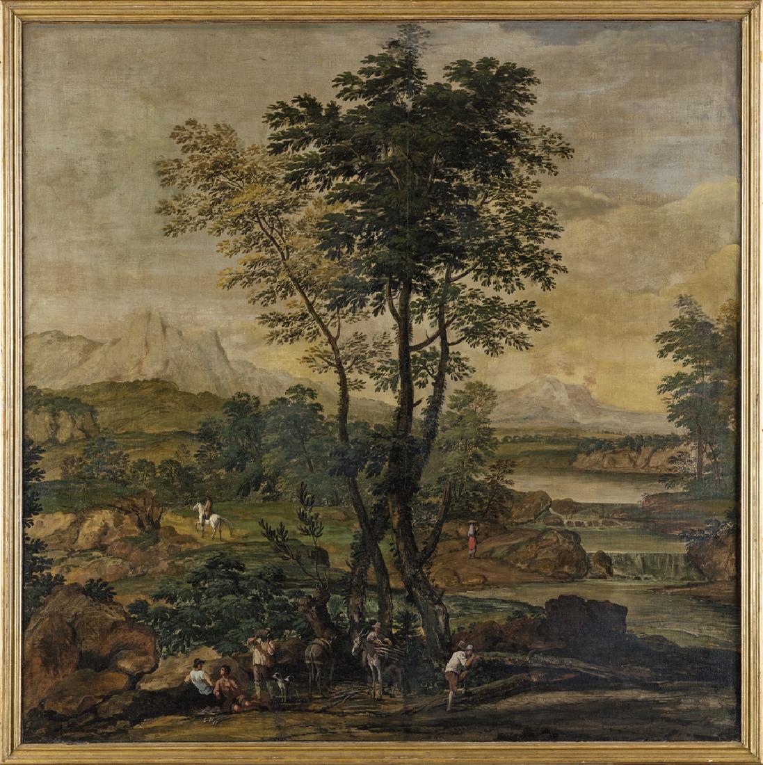 Crescenzio Onofri (Roma 1650-Firenze 1712) LANDSCAPE |: River landscape with figures of lumber taker, tempera and oil on canvas, cm 160x160. Bibliography: Cf. L. Salerno, "Landscape Painters of the Seventeenth Century in Rome", vol. II, Rome, 1976, n. 108,