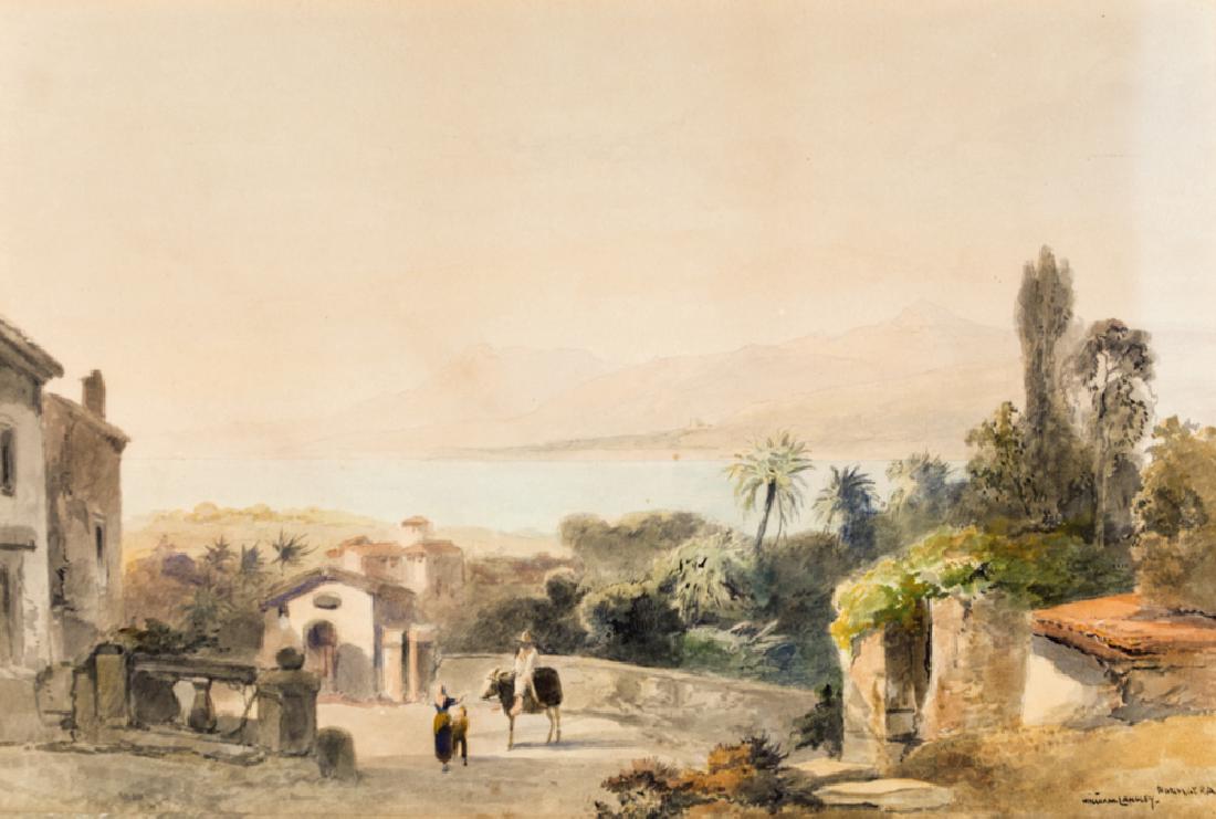 William Langley ( 1852- 1922) BORDIGLIERA | PAESAGGIO: Bordigliera, watercolor on paper, cm 37x54, signed at the bottom right William Langley | Paesaggio costiero, acquerello su carta, cm 37x54, firmato in basso a destra William Langley.