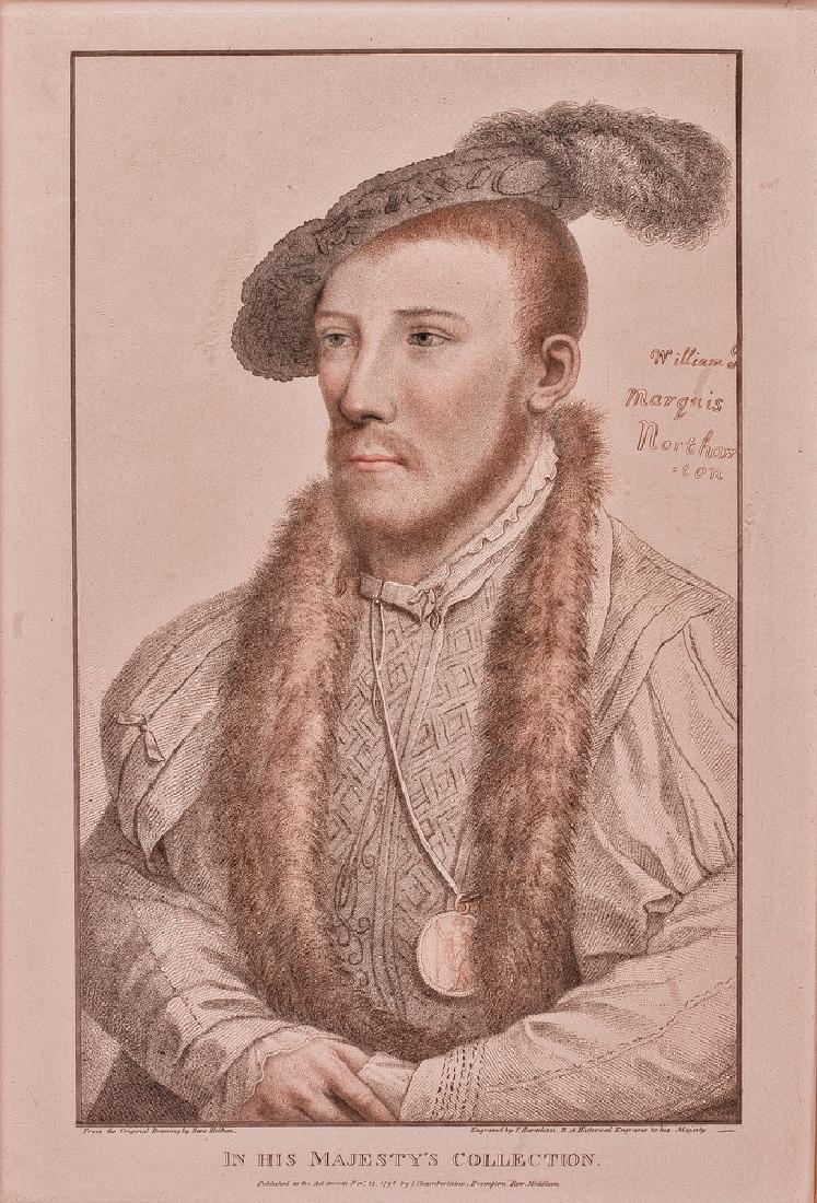 FRANCESCO BARTOLOZZI RITRATTO DI WILLIAM MARQUIS: Ritratto di William Marquis Northampton (da un disegno originale di Hans Holbein), Stampa colorata, cm 65x53 con cornice Portrait of William Marquis Northampton (from an original drawing by Hans Holbe