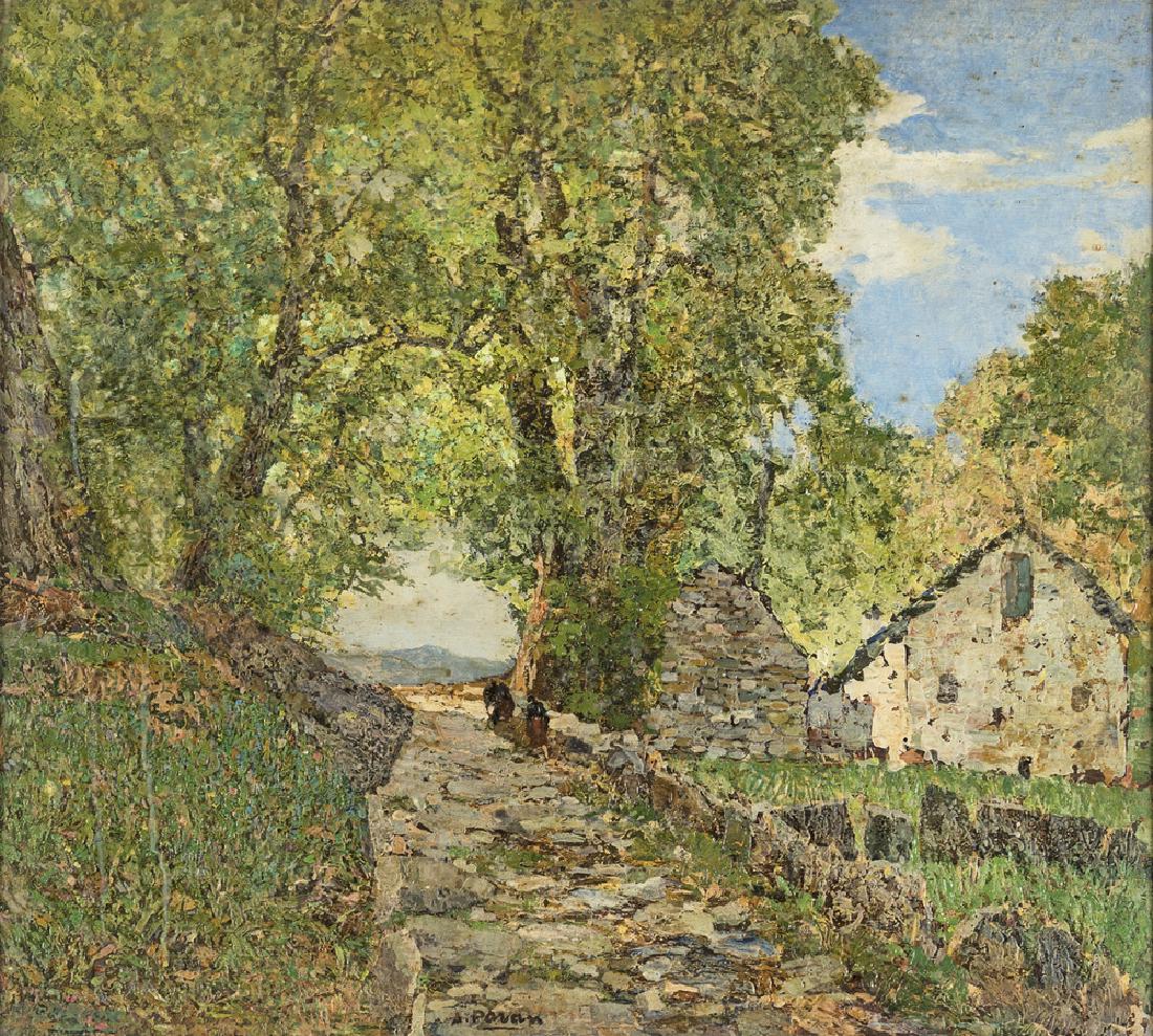 ANGELO PAVAN LA STRADA DI PIETRA LANDSCAPE: Paesaggio con mulattiera e casolari, olio su cartone, cm 46x50 Landscape with mule track and cottages, oil on cardboard, 46x50 cm