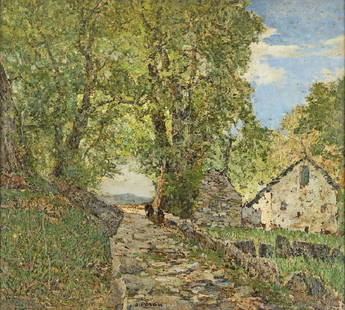 ANGELO PAVAN LA STRADA DI PIETRA LANDSCAPE: Paesaggio con mulattiera e casolari, olio su cartone, cm 46x50 Landscape with mule track and cottages, oil on cardboard, 46x50 cm