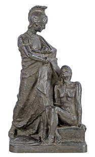 LEONARDO BISTOLFI SAN MARTINO SAINT MARTIN: San Martino e il povero, 1910, bronzo, cm 72x38x26, firmato con monogramma L.B. con data MCMX. San Martino and the poor man, 1910, bronze, 72x38x26 cm, signed with LB monogram with MCMX date.