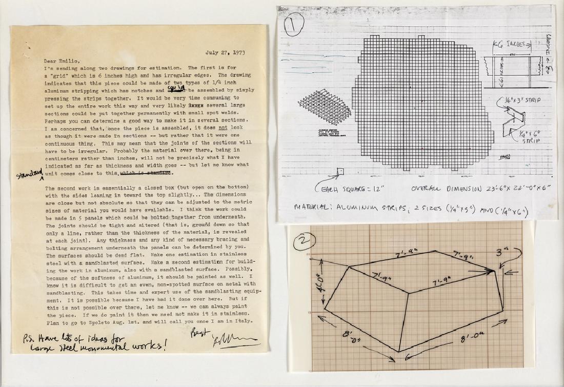 ROBERT MORRIS ( Kansas City 1931- ) |PROGETTI DI: Due disegni ed una lettera tra Robert Morris e il gallerista Emilio Rebora, cm 33x48. | Two drawings and a letter between Robert Morris and the gallerist Emilio Rebora, 33x48 cm.