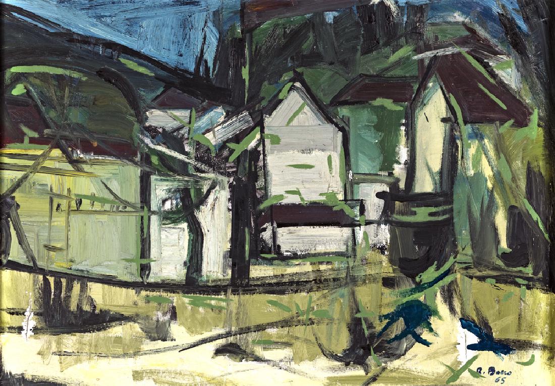 RENATA BOERO (Genova 1936) |CASE SULL'AGEA: Olio su tela, cm 72x101. Opera eseguita nel 1965. Firmato in basso a destra "R.Boero". | Oil on canvas, 72x101 cm, 1965. Signed lower right "R.Boero".