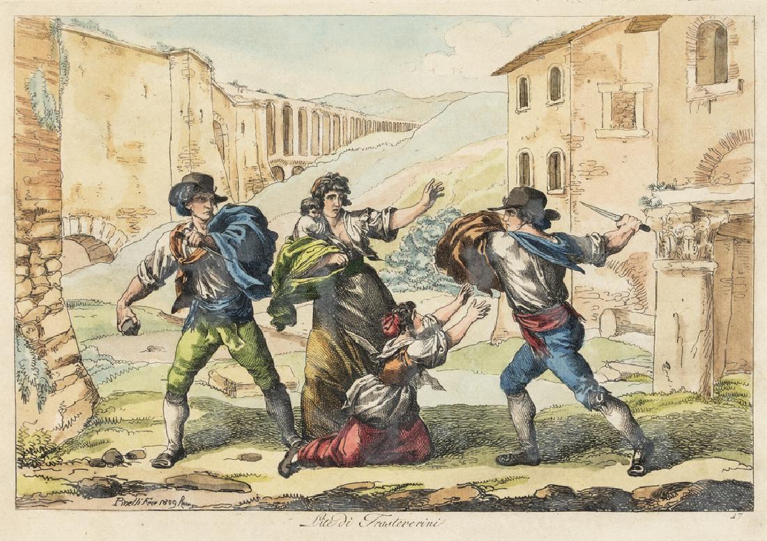 BARTOLOMEO PINELLI Roma 1781-Roma 1835 COPPIA DI: a) Lite di femmine in Roma b) Lite di Trasteverini due incisioni acquerellate, cm Entrambe firmate e datate in basso a sinistra: Pinelli fece 1809 Roma Entro cornici in legno naturale, cm 41x51 | a) L