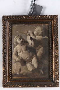 JACOB DE WIT ATTRIBUITO Amsterdam 1695-Amsterdam 1754: Angeli musicanti a grisaille. Olio su tela, cm 26x19. Entro cornice coeva | Oil on canvas, 26x19 cm. Within coeval frame