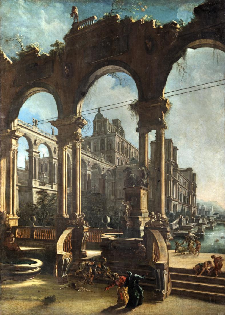 ANTONIO JOLI e GASPARE DIZIANI Modena 1700-Napoli 1777: Fantasia architettonica presso un porto. Olio su tela, cm 196x140. Lopera, dallaltissima qualita pittorica, mostra una costruzione architettonica classica e teatrale di gusto binienesco e si fonde con