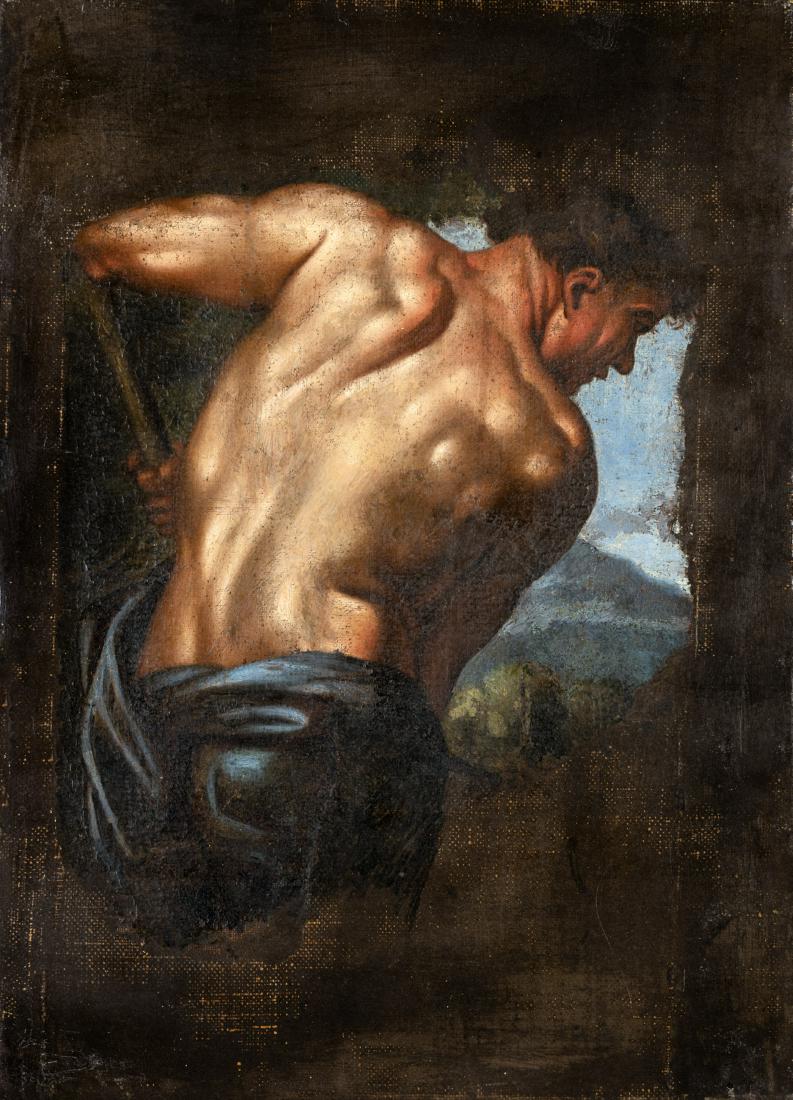 ROMAN SCHOOL OF THE XVIITH CENTURY COPPIA DI STUDI: Olio su tela, cm 55x40. Le opere risultano debitrici del plasticismo di ascendenza lanfranchiana e sono accostabili alle tipologie adottate dal Beinaschi e da Guillaume Courtois. | Pair of male studie