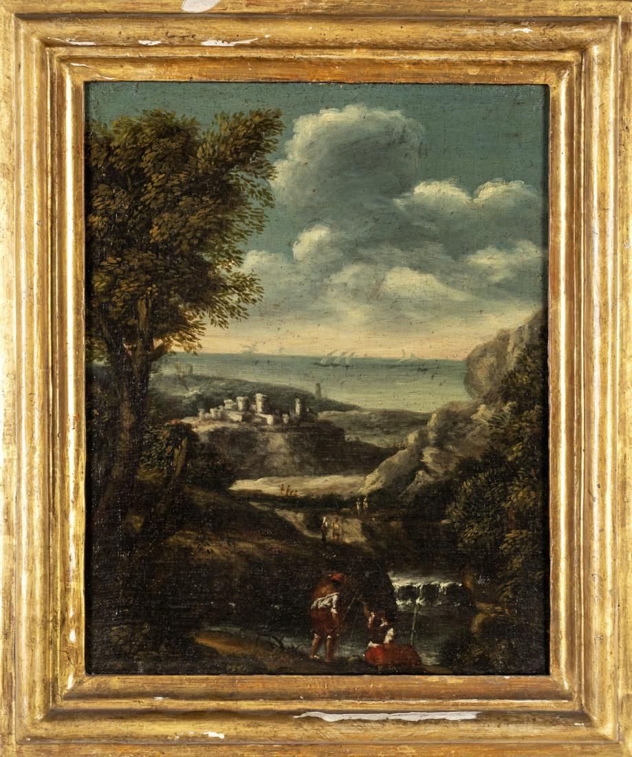 ROMAN SCHOOL OF THE XVIITH CENTURY PAESAGGIO FLUVIALE: Olio su tela, cm 46,5x47. Entro antica cornice in legno dorato. L opera e assegnabile alla scuola del Dughet e in particolare mostra tangenze con l operato di Crescenzio Onofri (Roma, 1632-1698) e Dom