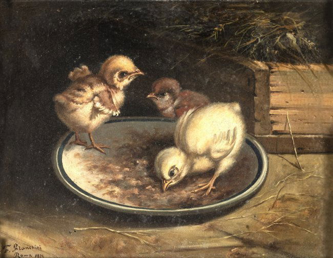 F. FRANCHINI  (XIX SECOLO) IL PASTO DEI PULCINI | THE (1 of 3)