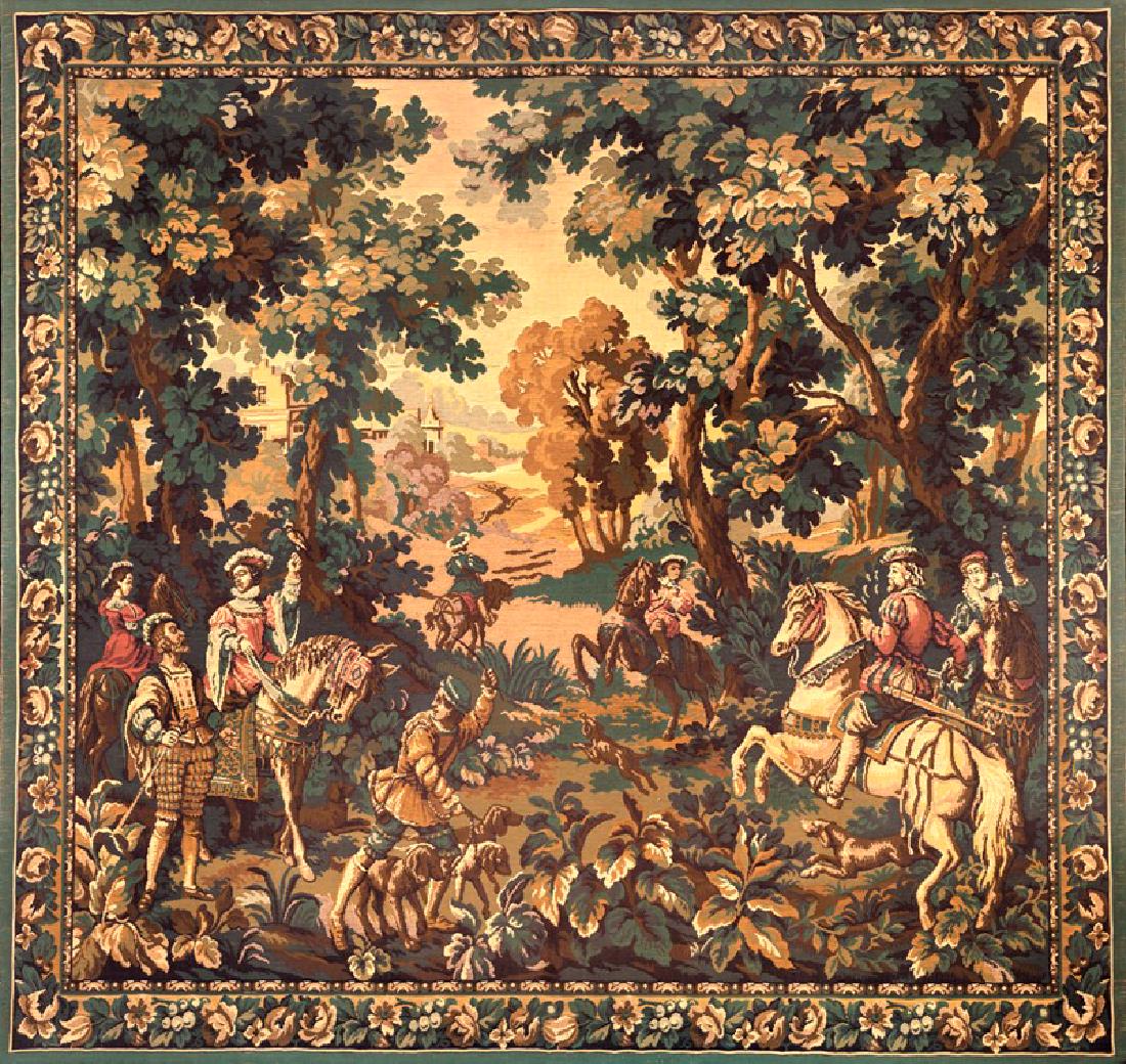 Mechanical tapestry: depicting a hunting scene set in a wooded landscape with knights and ladies in Renaissance clothes; mounted on a frame, cm 213x226