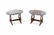 Two low tables in walnut with majolica top