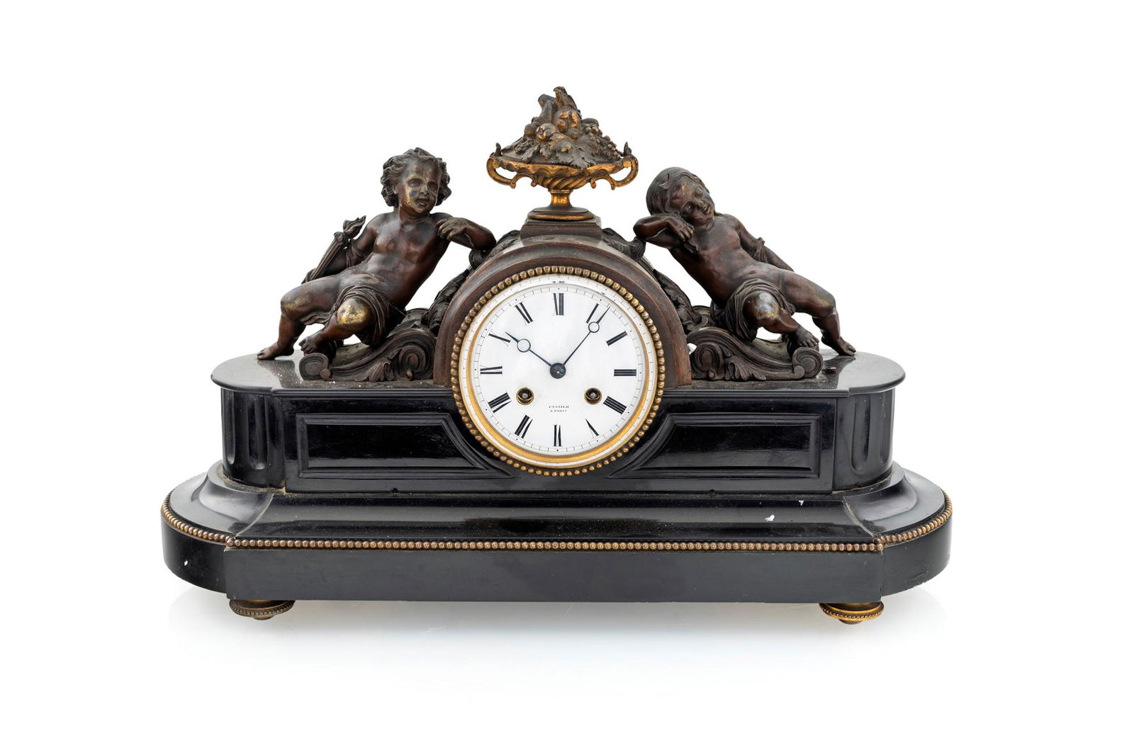 Black marble fireplace clock with circular dial flanked: with circular dial flanked by two burnished bronze cupid figurescm 28x45x14