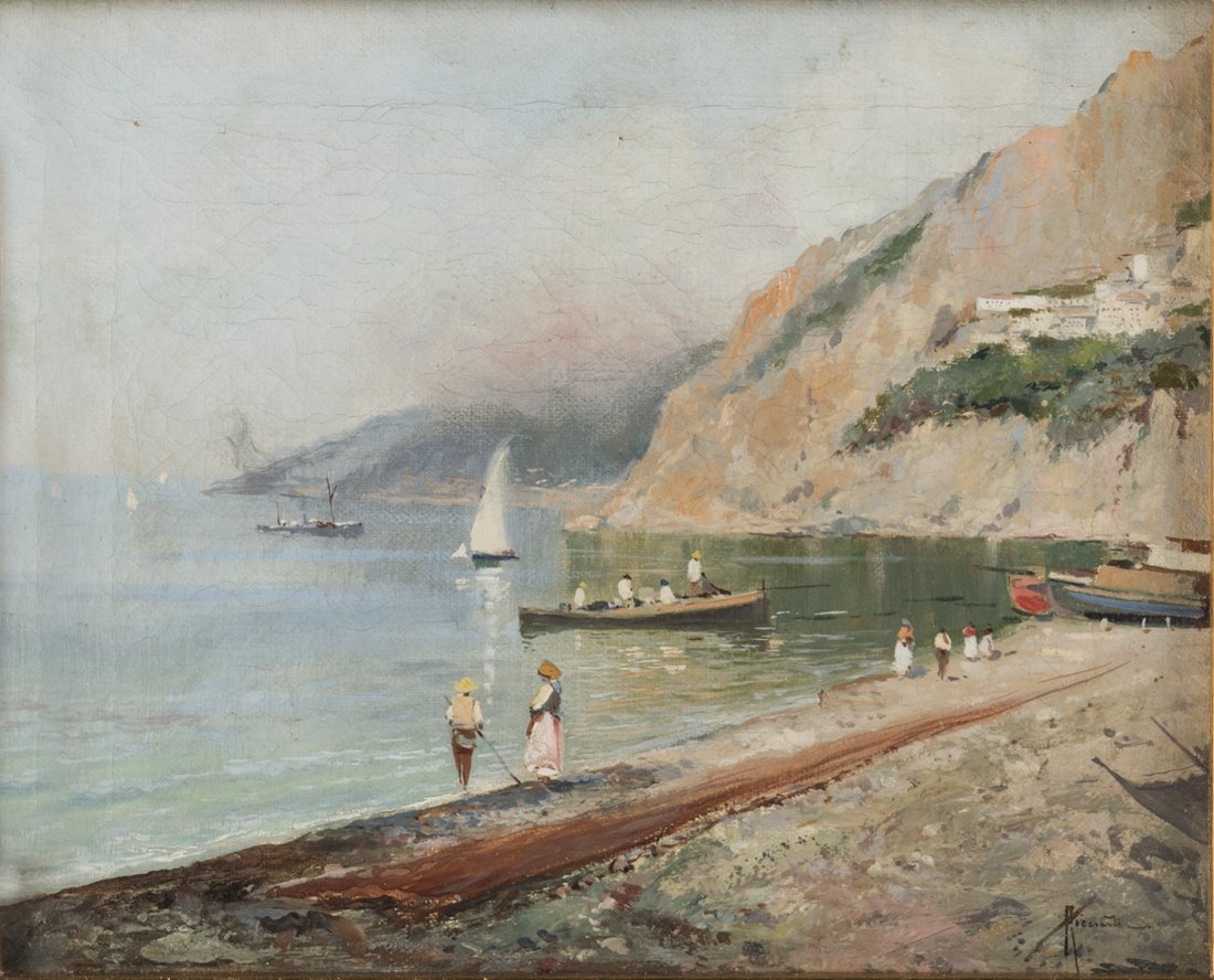 Oscar Ricciardi (Napoli 1864, Napoli 1935) | Veduta: Veduta della Costiera Amalfitana, olio su tela, Misure: 25x30 |