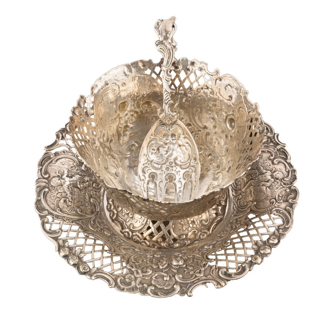 Cestino con sottopiatto e cucchiaino | Silver basket, (1 of 2)