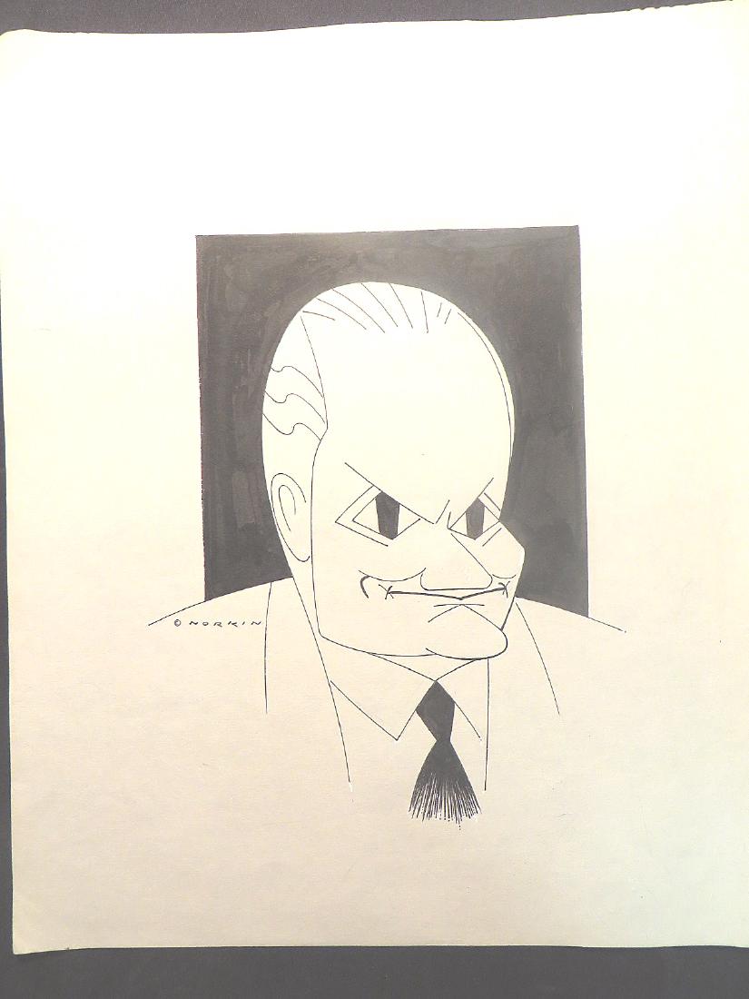 Sam Norkin Pen and Inks (2) & Sketch: Two unidentified pen and ink sketches by Sam Norkin, both political, one with the preliminary pencil sketch for the finished caricature and one identified at the back as Dick Cheney. 16 1/2"H. x 14"W.