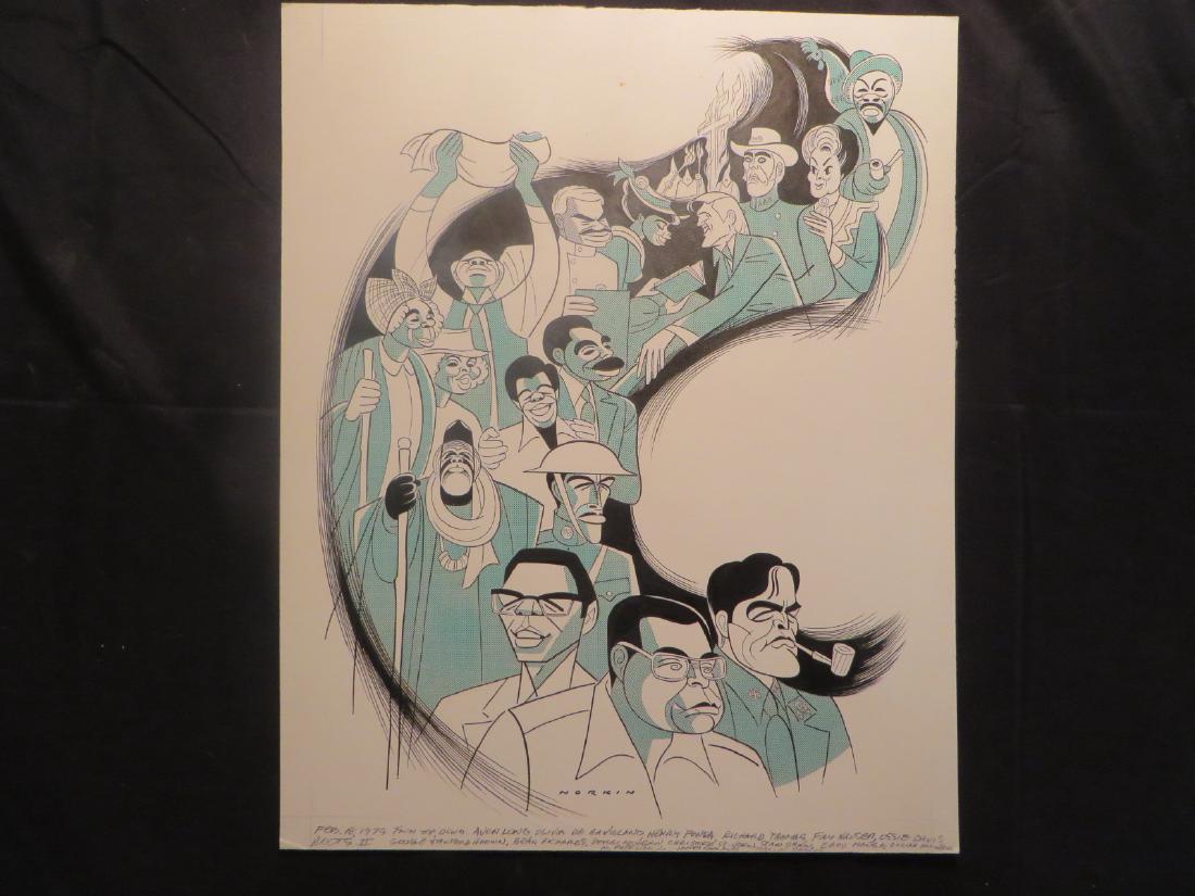 Roots II Jones. Vereen. Fonda. 1979.: Original pen and ink by Sam Norkin. Henry Fonda, Ben Vereen, Signed Norkin and dated 02/18/79. 21"H. x 17"W.