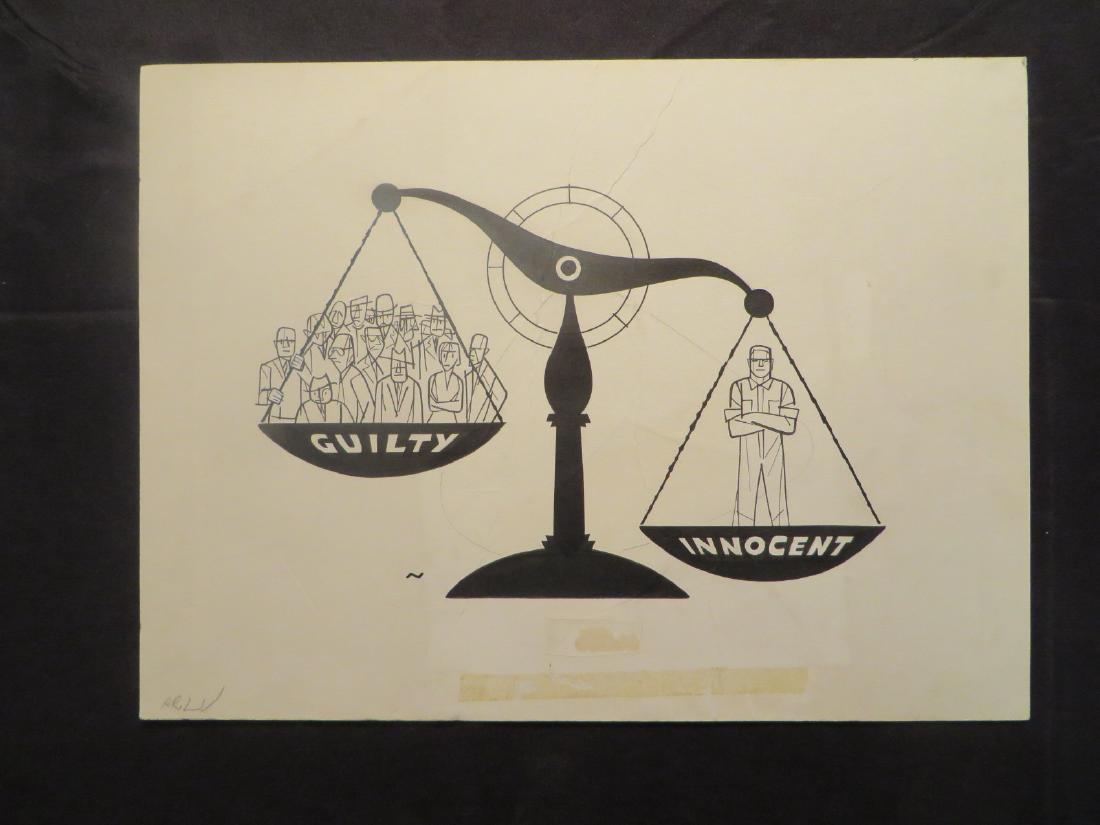 Scales of Justice Pen and Ink: Guilty Innocent. Signed N for Sam Norkin and with Sam Norkin stamp at the reverse. 12" H. x 16 1/2"W.