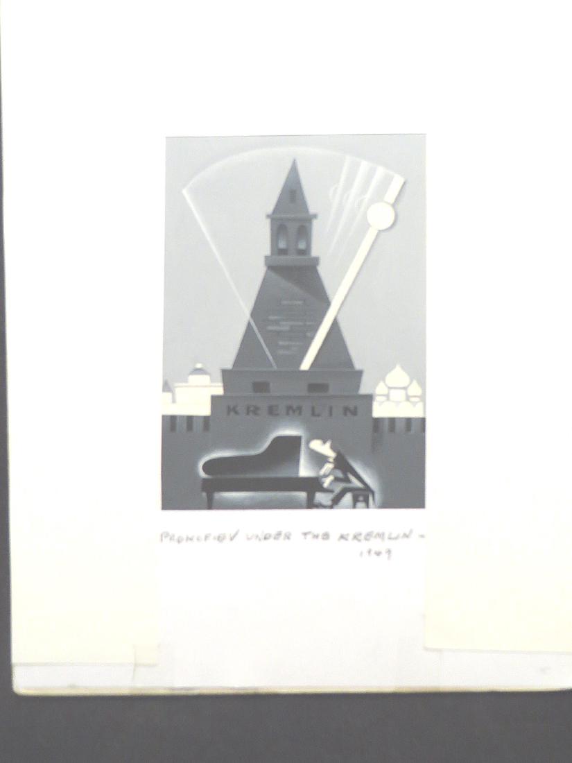 Prokofiev Plays Under the Kremlin.'49: Depiction of Prokofiev playing the grand piano under the Kremlin. 1949. Drawn for The Reporter, 220 East 42nd St. New York by Sam Norkin. 12"H. x 9 3/4"W.
