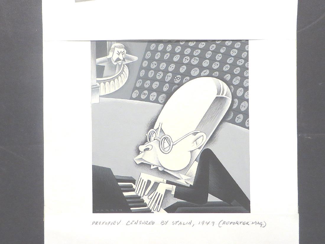 Prokofiev Censured by Stalin. 1949: Stalin "holds his ears" on the balcony as he overlooks Sergei Prokofiev playing the grand piano. Drawn by Sam Norkin on artist board for The Reporter Magazine, August, 1949. 12 1/4" x 11"