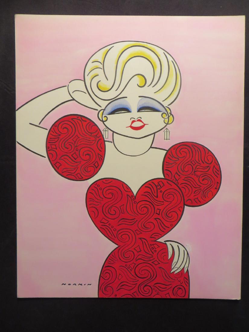 West, Mae Drawings (3): One is colored drawing perhaps 1966 and one is gouache. The gouache is dated 2005. the third, Mae West in red with a pink background. All signed Norkin. 22" x 18" ; 23" x 17"; and 18" x 15"