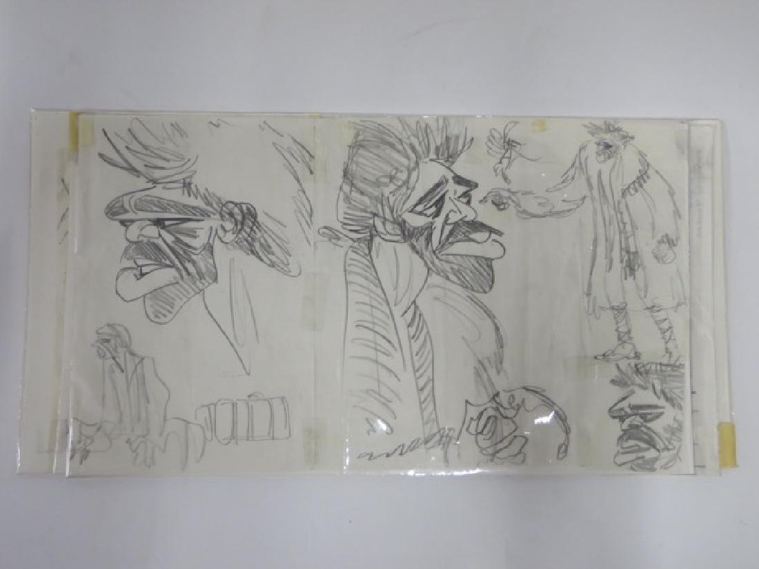 White Pelicans Drawings. (5): Color is signed Norkin. One color and four black and white Black and Whites pencil sketches are marked Norkin at the back. From audience, some Jose Ferrer for City News during the newspaper strike. .1