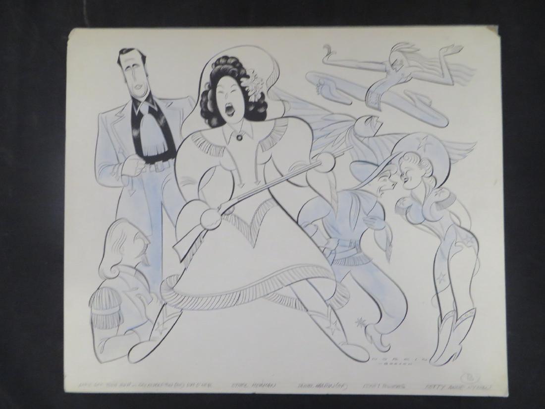 Merman, Ethel. Annie Get Your Gun. 1946: Original pen and ink drawing by Sam Norkin. Signed Norkin. 18" x 22"