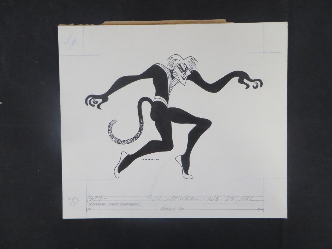 Cats. A Dancer. 1982: Original pen and ink drawing by Sam Norkin. Signed Norkin and dated 08/29/82. 12-3/4" x 15"