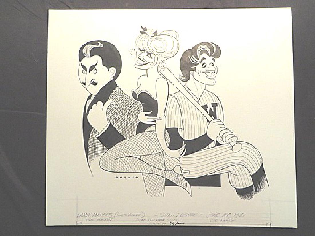 Namath, Joe. Damn Yankees. 1981: Original pen and ink drawing by Sam Norkin. Signed Norkin and dated 06/28/81.