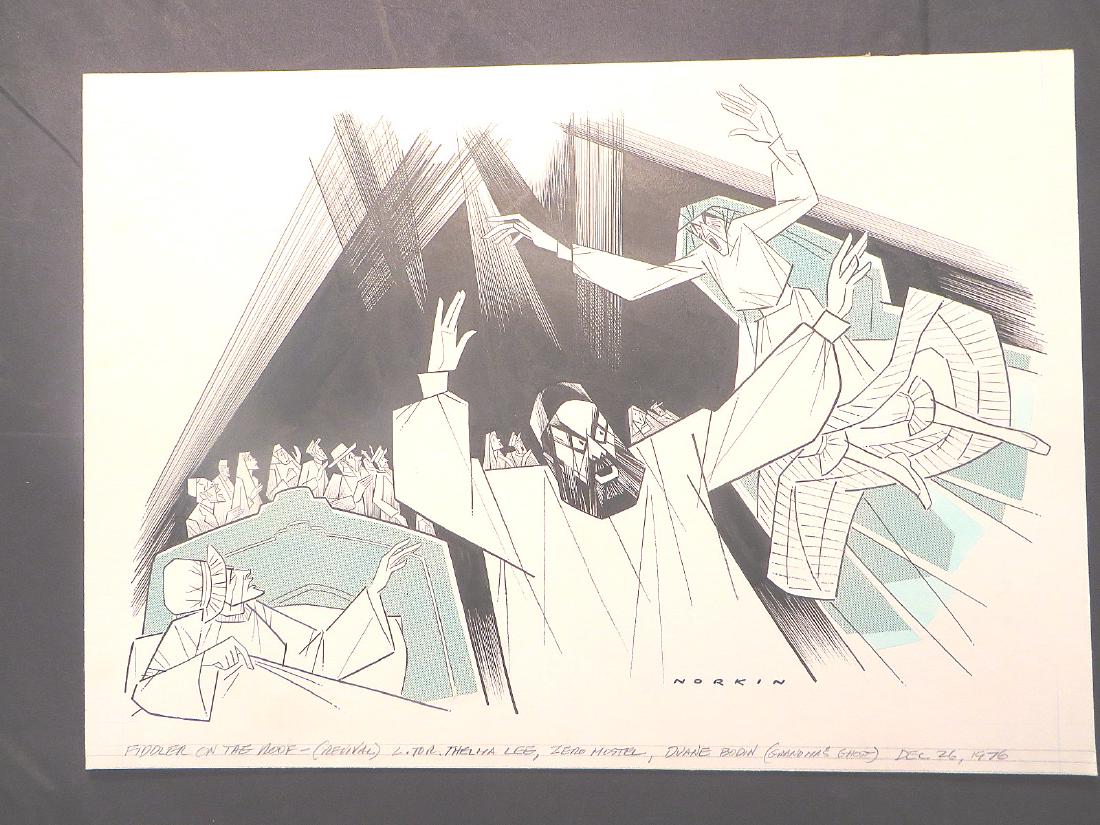 Mostel. Fiddler on the Roof. 1976: Revival. Original pen and ink drawing by Sam Norkin. Signed Norkin and dated Dec. 26, 1976. 16" x 23"